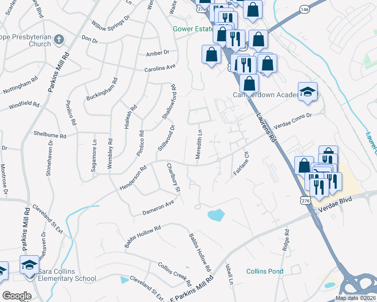 map of restaurants, bars, coffee shops, grocery stores, and more near 280 Henderson Road in Greenville