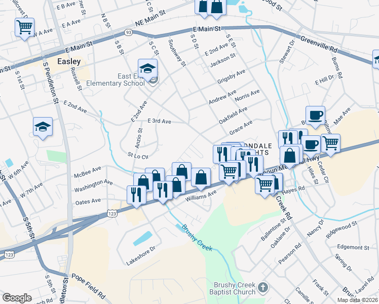 map of restaurants, bars, coffee shops, grocery stores, and more near 104 Parkway Drive in Easley