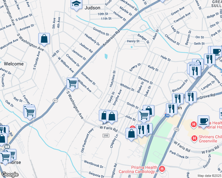 map of restaurants, bars, coffee shops, grocery stores, and more near 56 Hutchins Street in Greenville