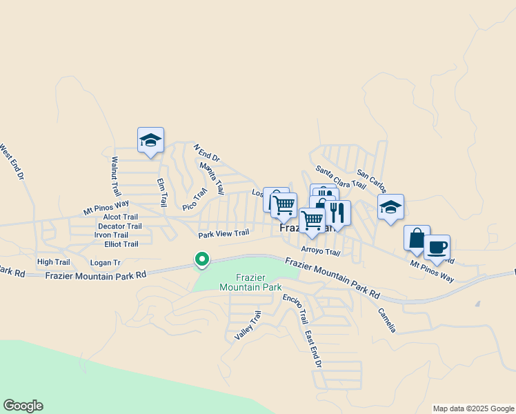 map of restaurants, bars, coffee shops, grocery stores, and more near 732 San Miguel Trail in Frazier Park