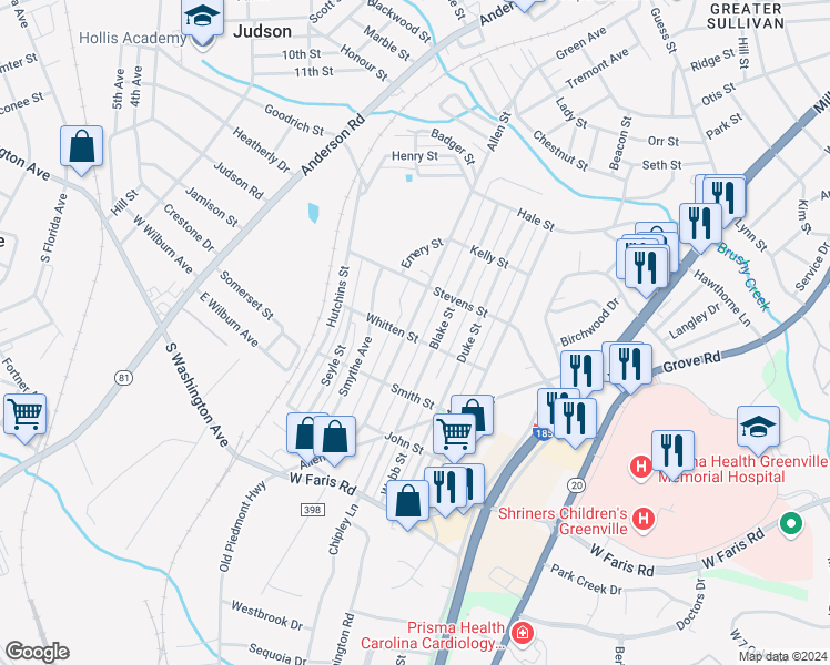 map of restaurants, bars, coffee shops, grocery stores, and more near 42 Allen Street in Greenville