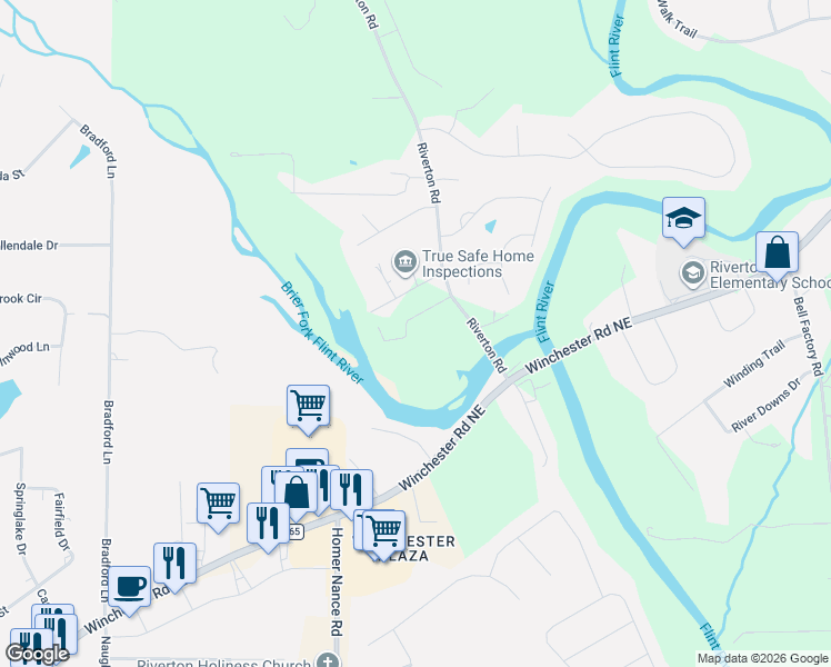 map of restaurants, bars, coffee shops, grocery stores, and more near 180 Riverton Road in Huntsville