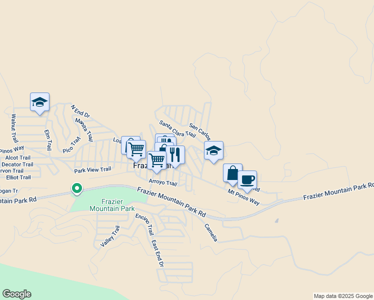 map of restaurants, bars, coffee shops, grocery stores, and more near Calistoga Trail in Frazier Park