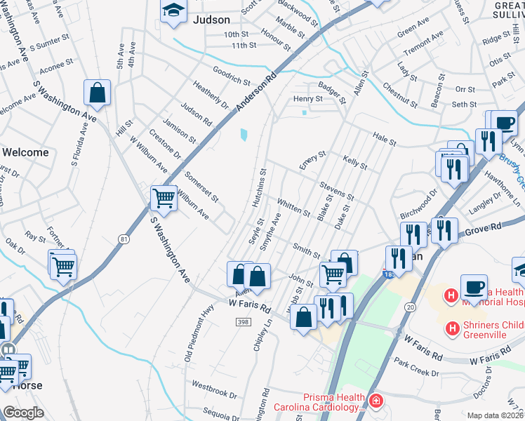 map of restaurants, bars, coffee shops, grocery stores, and more near 52 Hutchins Street in Greenville