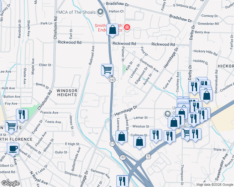 map of restaurants, bars, coffee shops, grocery stores, and more near 1522-1534 Helton Drive in Florence