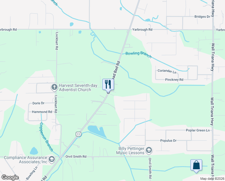 map of restaurants, bars, coffee shops, grocery stores, and more near 3249 Old Railroad Bed Road in Harvest