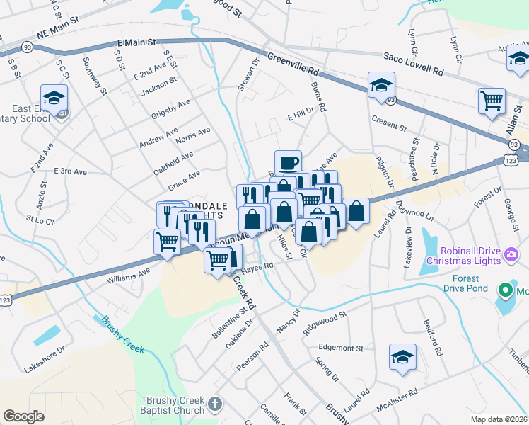 map of restaurants, bars, coffee shops, grocery stores, and more near 410 Stewart Drive in Easley