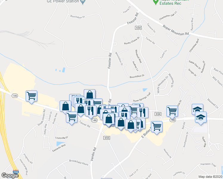 map of restaurants, bars, coffee shops, grocery stores, and more near 224 Feaster Road in Greenville