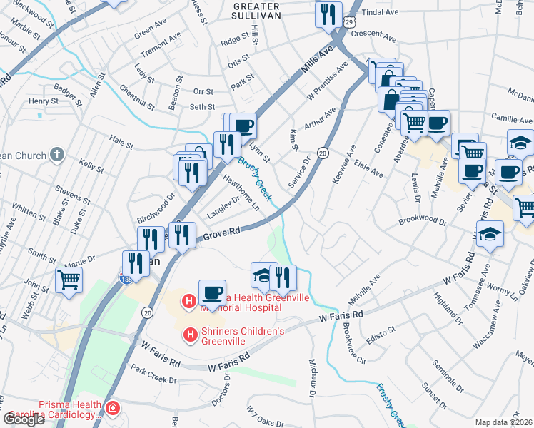 map of restaurants, bars, coffee shops, grocery stores, and more near 422 Grove Road in Greenville