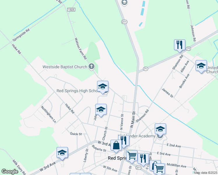 map of restaurants, bars, coffee shops, grocery stores, and more near 509 North Vance Street in Red Springs
