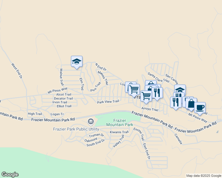 map of restaurants, bars, coffee shops, grocery stores, and more near 804 Santa Cruz Trail in Frazier Park