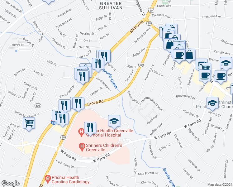 map of restaurants, bars, coffee shops, grocery stores, and more near 8 Hawthorne Lane in Greenville