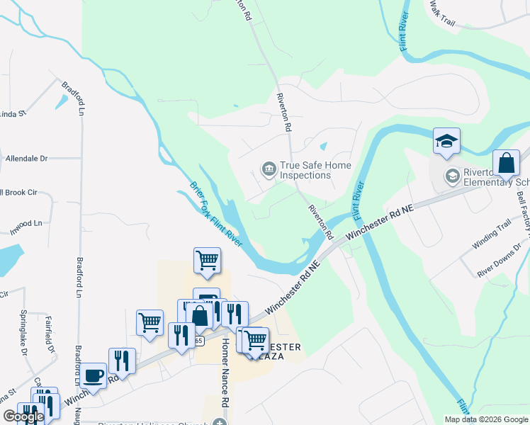 map of restaurants, bars, coffee shops, grocery stores, and more near 180 Riverton Road in Huntsville