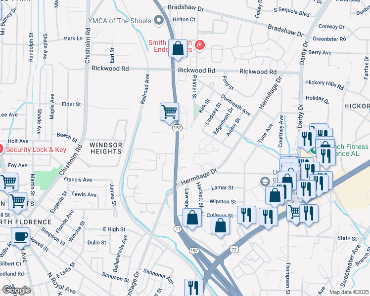 map of restaurants, bars, coffee shops, grocery stores, and more near 1522-1534 Helton Drive in Florence