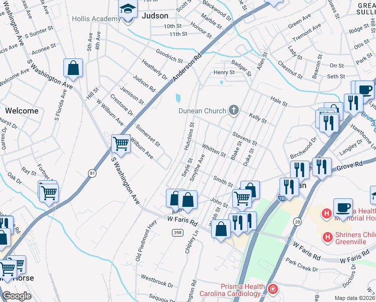 map of restaurants, bars, coffee shops, grocery stores, and more near 52 Hutchins Street in Greenville