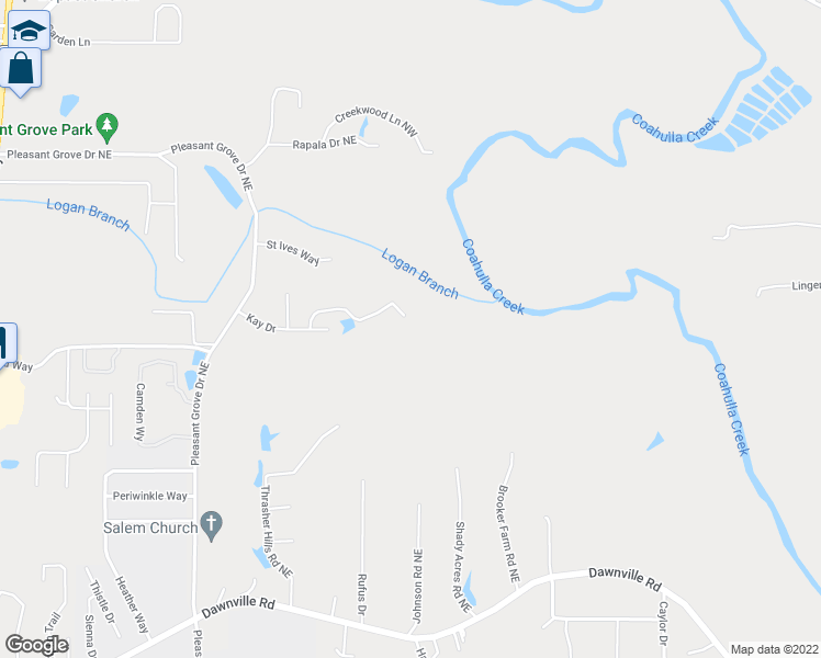 map of restaurants, bars, coffee shops, grocery stores, and more near 1555 Oak Lake Drive in Dalton