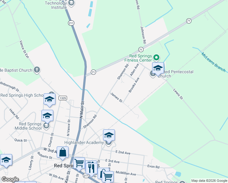 map of restaurants, bars, coffee shops, grocery stores, and more near 101 James Street in Red Springs