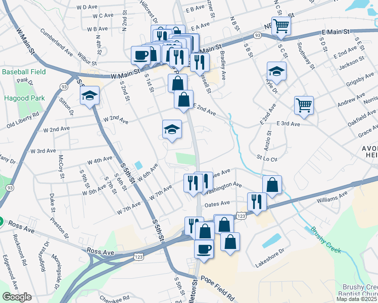 map of restaurants, bars, coffee shops, grocery stores, and more near 506 South Pendleton Street in Easley