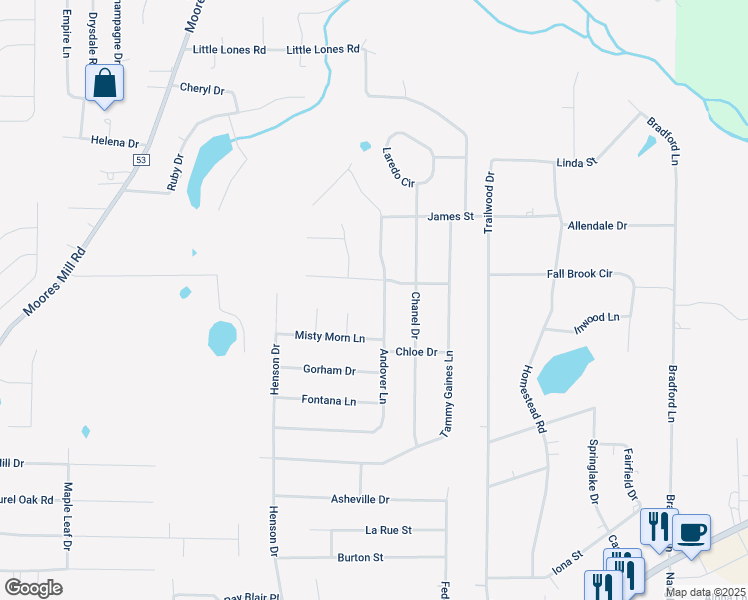 map of restaurants, bars, coffee shops, grocery stores, and more near 153 Andover Lane in Huntsville