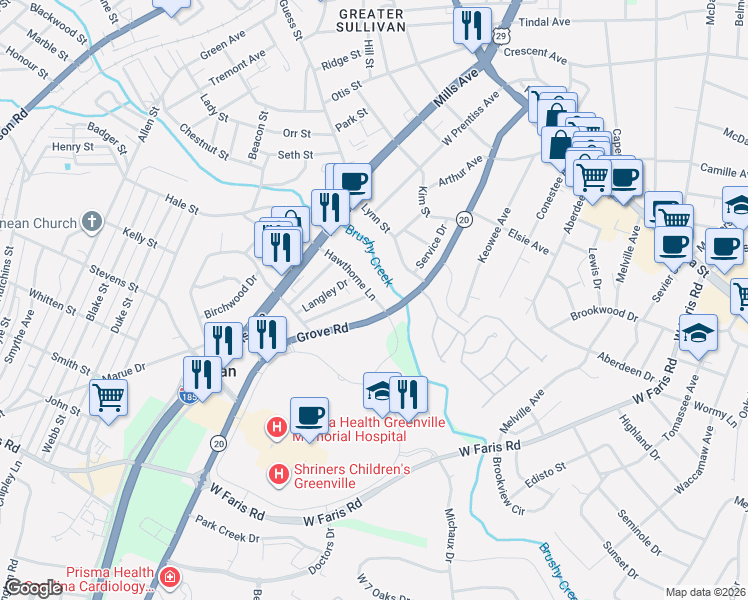 map of restaurants, bars, coffee shops, grocery stores, and more near 8 Hawthorne Lane in Greenville