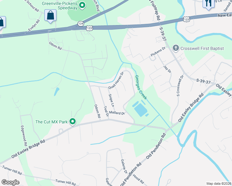 map of restaurants, bars, coffee shops, grocery stores, and more near 107 Woodcock Court in Easley