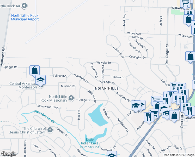 map of restaurants, bars, coffee shops, grocery stores, and more near 7604 Tomahawk Drive in North Little Rock