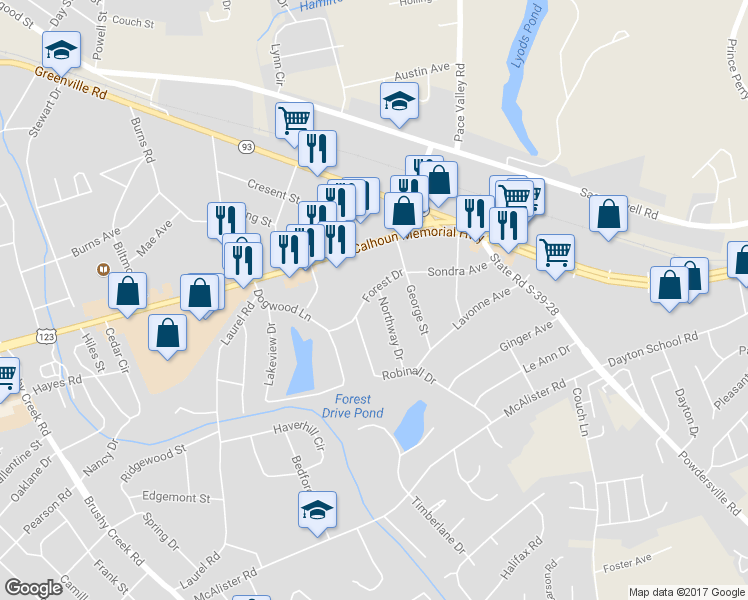 map of restaurants, bars, coffee shops, grocery stores, and more near 100 Northway Drive in Easley