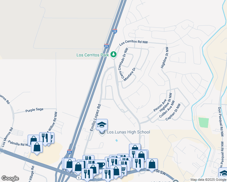 map of restaurants, bars, coffee shops, grocery stores, and more near 1120 Avenida Las Vistas Northwest in Los Lunas