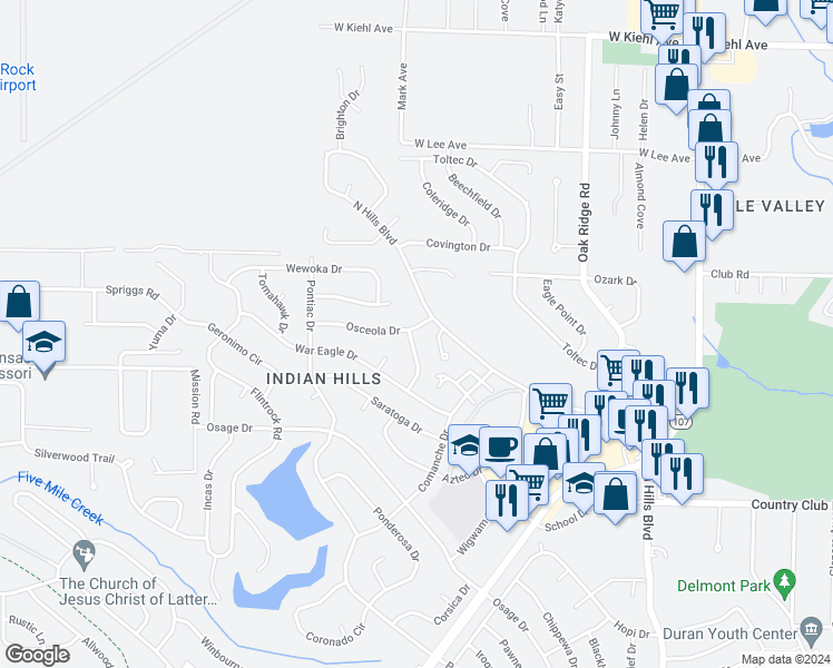 map of restaurants, bars, coffee shops, grocery stores, and more near 1900 Osceola Drive in North Little Rock