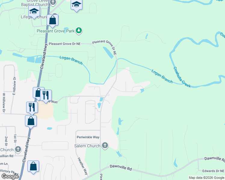 map of restaurants, bars, coffee shops, grocery stores, and more near 300 Kay Drive Northeast in Dalton