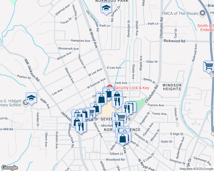map of restaurants, bars, coffee shops, grocery stores, and more near 1733 North Wood Avenue in Florence