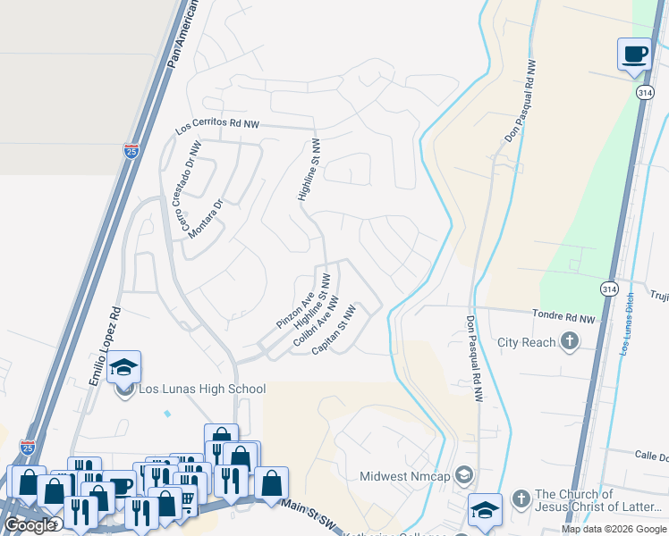 map of restaurants, bars, coffee shops, grocery stores, and more near 1300 Colibri Avenue Northwest in Los Lunas