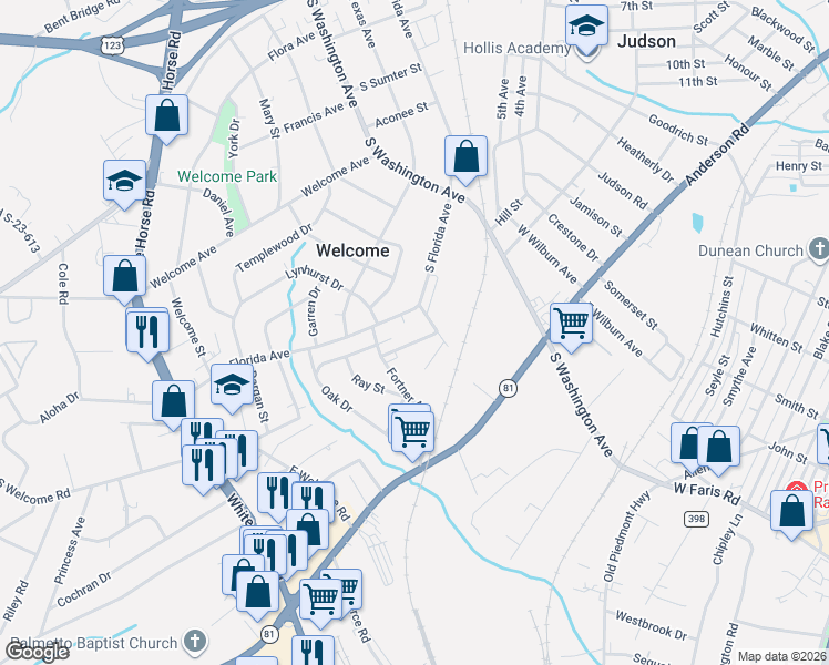 map of restaurants, bars, coffee shops, grocery stores, and more near 711 South Florida Avenue in Greenville