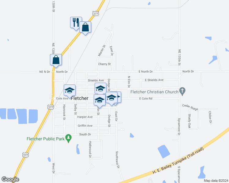 map of restaurants, bars, coffee shops, grocery stores, and more near 103 Northeast Drive in Fletcher