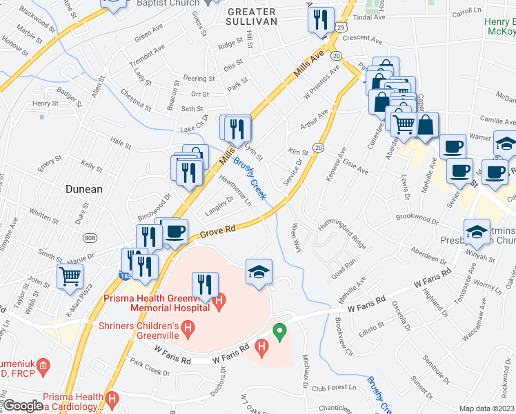 map of restaurants, bars, coffee shops, grocery stores, and more near 8 Hawthorne Lane in Greenville