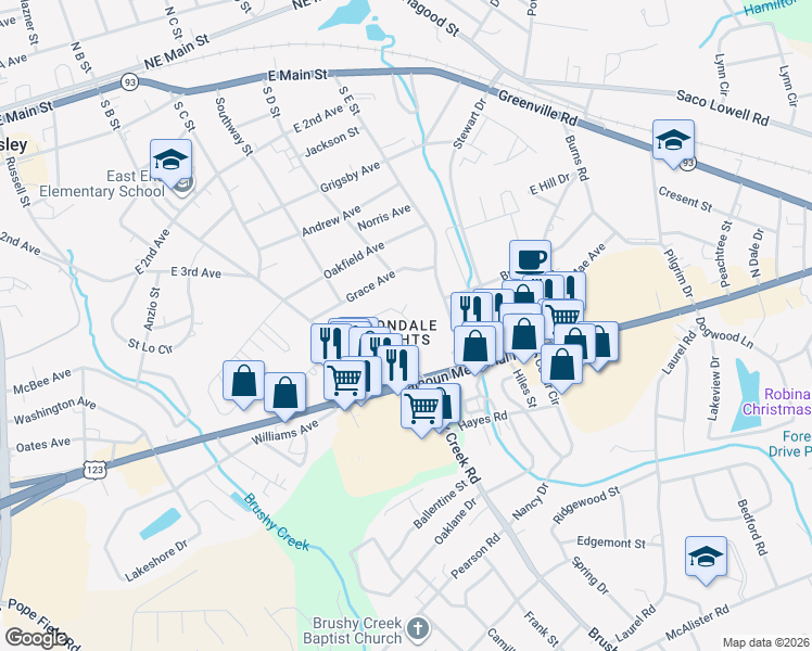 map of restaurants, bars, coffee shops, grocery stores, and more near 113 Avalon Cir in Easley