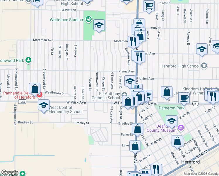 map of restaurants, bars, coffee shops, grocery stores, and more near 123 North Texas Street in Hereford