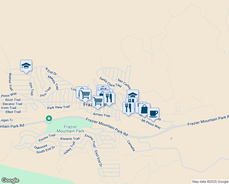 map of restaurants, bars, coffee shops, grocery stores, and more near 259 San Fernando Trail in Frazier Park
