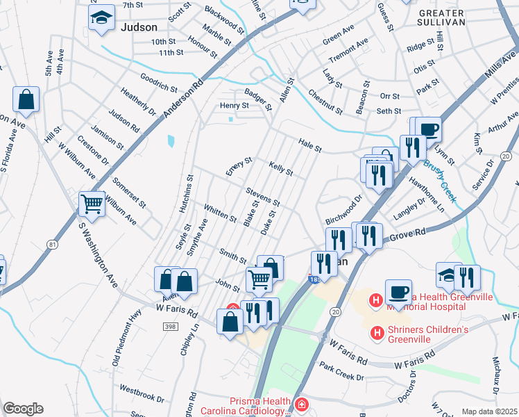 map of restaurants, bars, coffee shops, grocery stores, and more near 34 Blake Street in Greenville