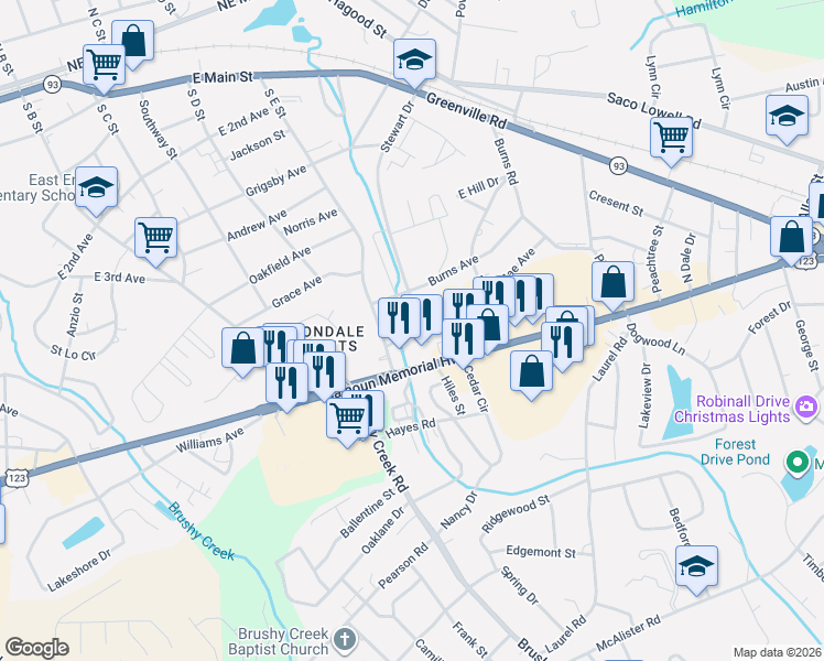 map of restaurants, bars, coffee shops, grocery stores, and more near 410 Stewart Drive in Easley