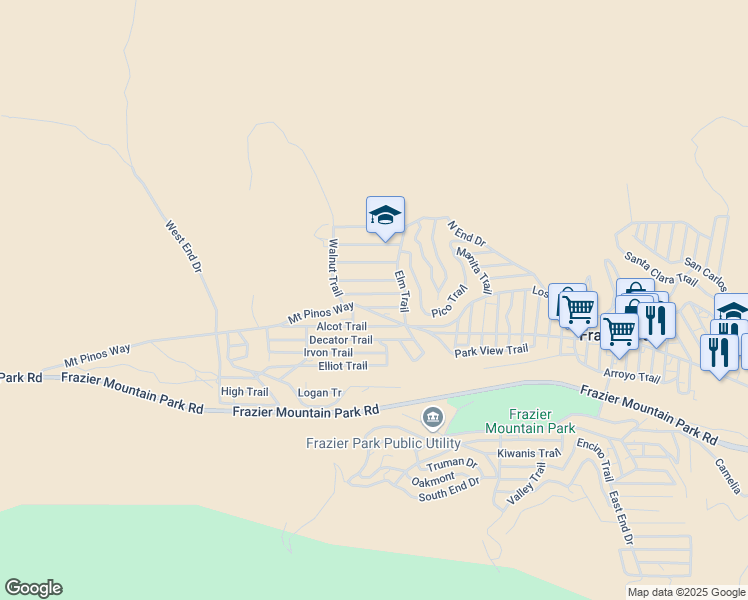 map of restaurants, bars, coffee shops, grocery stores, and more near 4136 Poplar Trail in Frazier Park