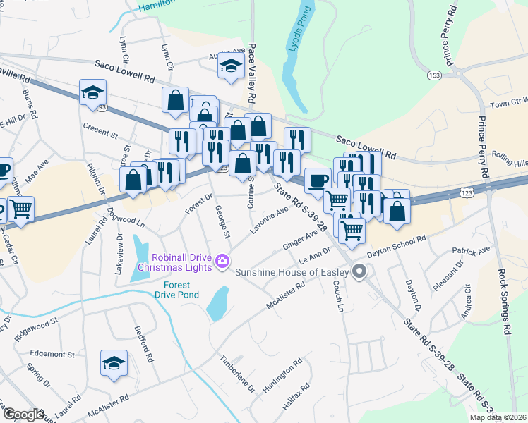map of restaurants, bars, coffee shops, grocery stores, and more near 303 Lavonne Avenue in Easley