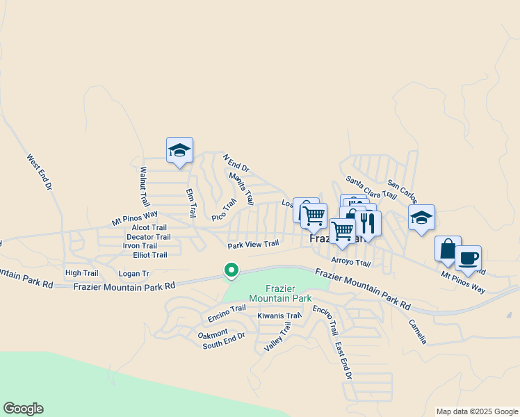 map of restaurants, bars, coffee shops, grocery stores, and more near 804 Santa Cruz Trail in Frazier Park