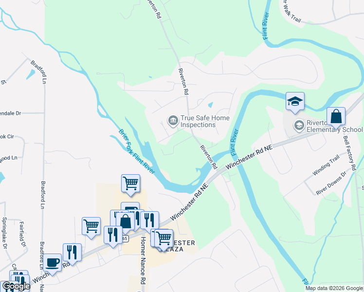 map of restaurants, bars, coffee shops, grocery stores, and more near 180 Riverton Road in Huntsville