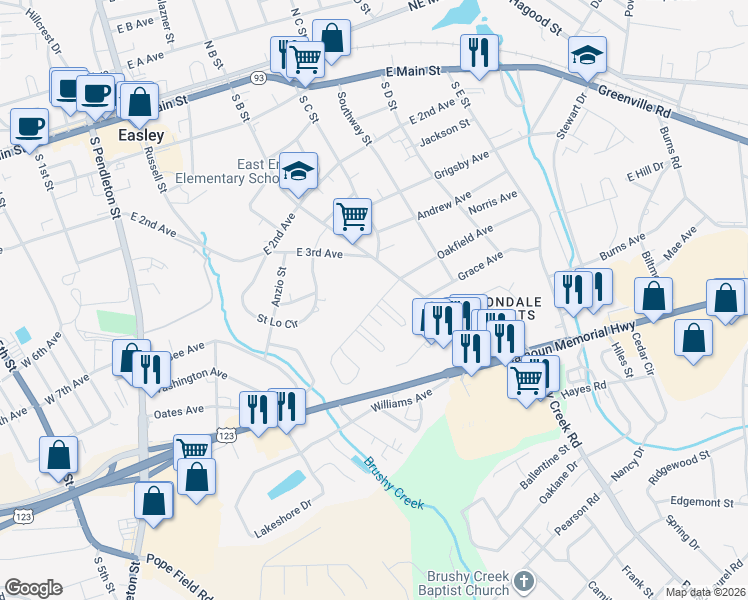 map of restaurants, bars, coffee shops, grocery stores, and more near 104 Parkway Drive in Easley