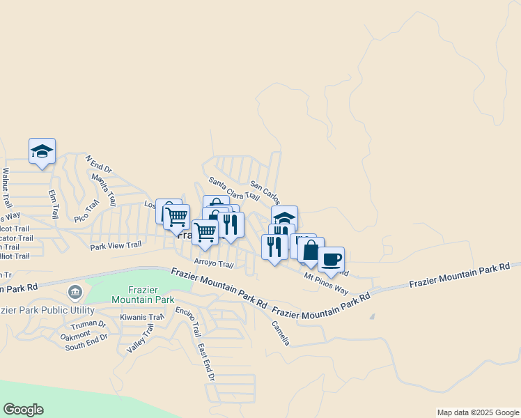 map of restaurants, bars, coffee shops, grocery stores, and more near Santa Clara Trail in Frazier Park
