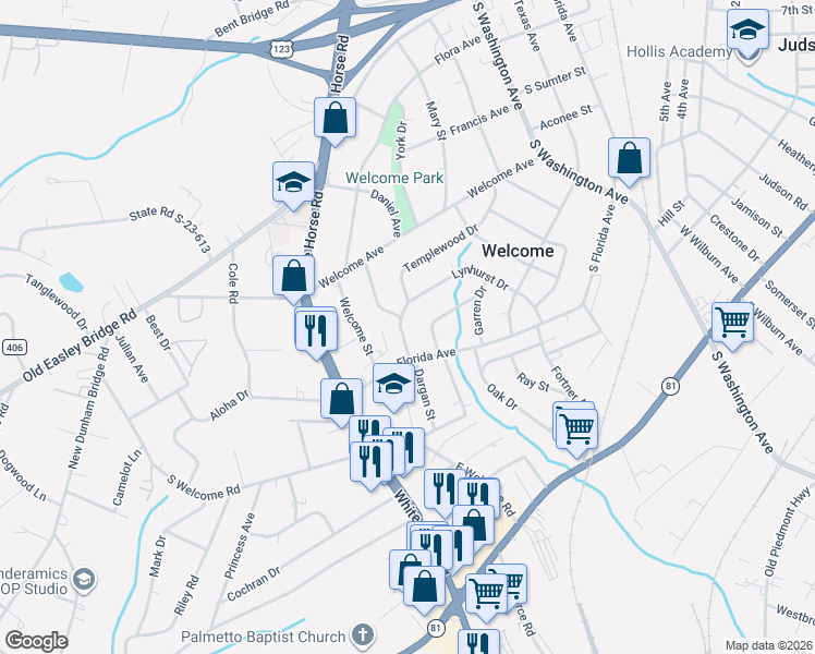 map of restaurants, bars, coffee shops, grocery stores, and more near 10 Templewood Drive in Greenville