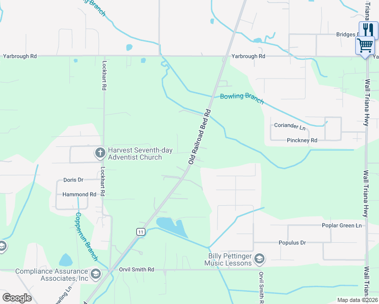 map of restaurants, bars, coffee shops, grocery stores, and more near 3249 Old Railroad Bed Road in Harvest