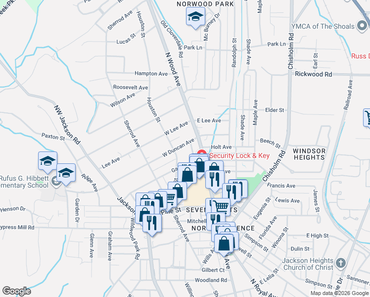 map of restaurants, bars, coffee shops, grocery stores, and more near 129 West Duncan Avenue in Florence