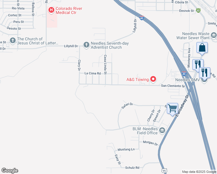 map of restaurants, bars, coffee shops, grocery stores, and more near 2258 Paseo Del Rey Street in Needles